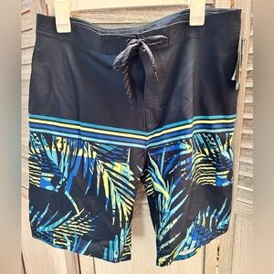 NWT Burnside Swim Shorts Men size 34 Navy Blue & Tropical Pattern
